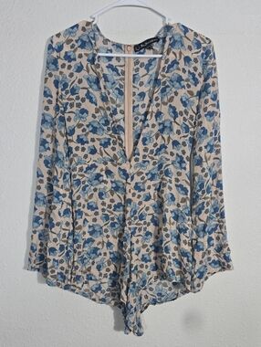 Blue Floral V-Neck Long Sleeve Romper - For Love And Lemons Xs